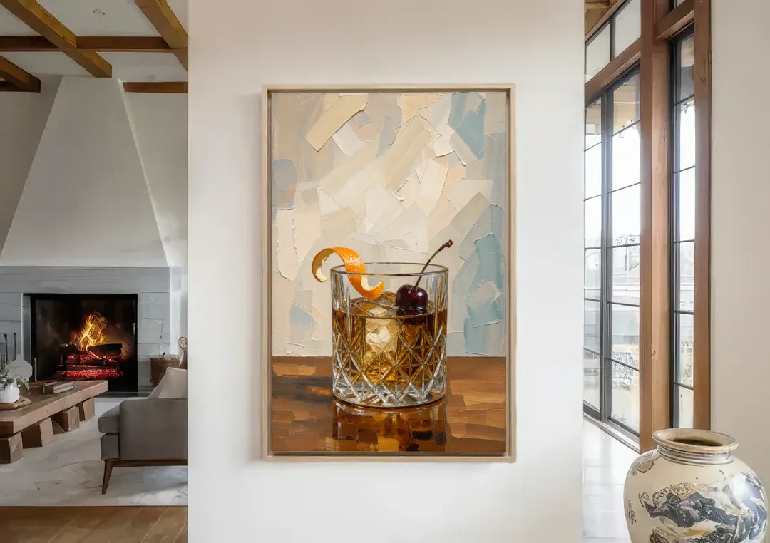 Bourbon Old Fashioned in Cut Crystal canvas wall art in a living room with a fireplace