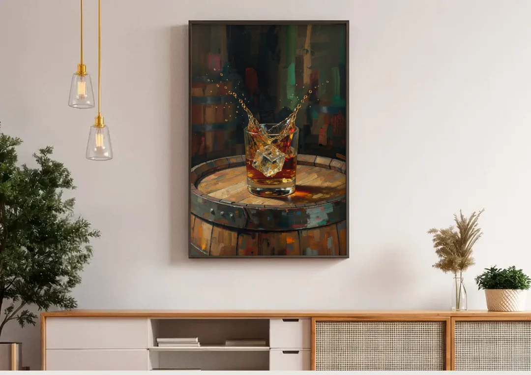 Bourbon Painting with an Ice Cube Splash canvas wall art above a wooden sideboard under pendant lights