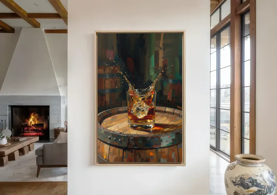 Bourbon Painting with an Ice Cube Splash canvas wall art in a living room with a fireplace