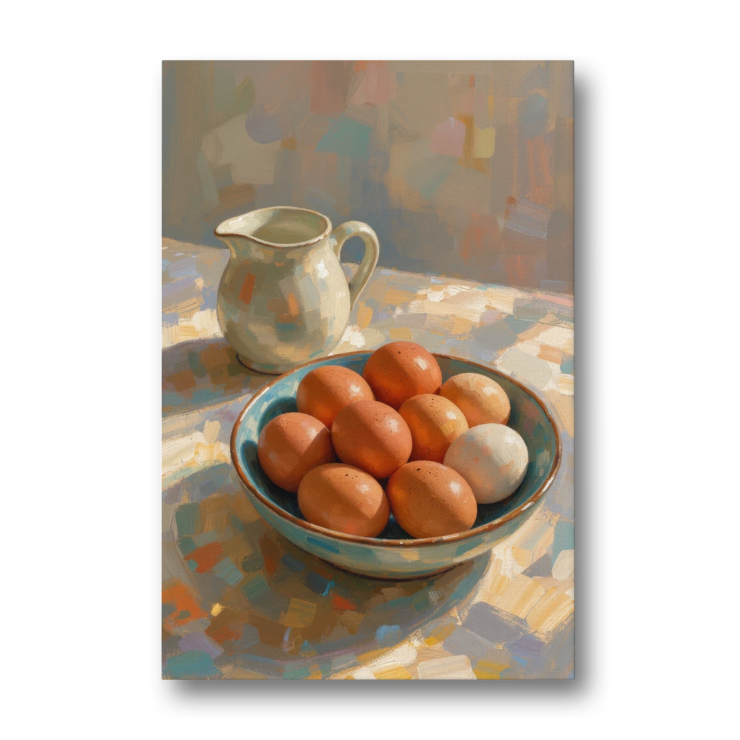 Bowl of Brown Eggs and Milk Jug for Breakfast Nooks - Canvas Wall Art - Front