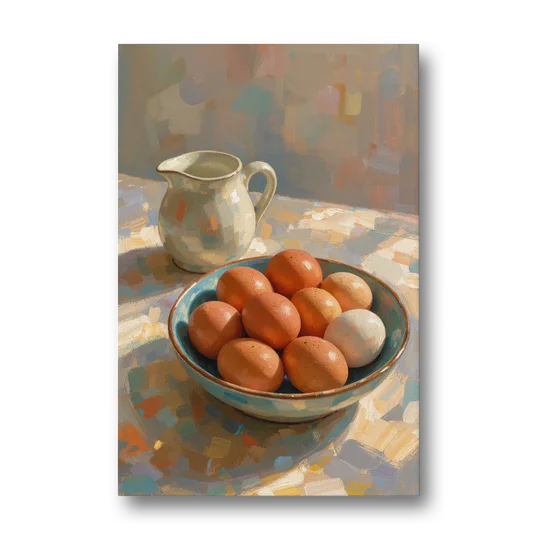 Bowl of Brown Eggs and Milk Jug for Breakfast Nooks - Canvas Wall Art - Front
