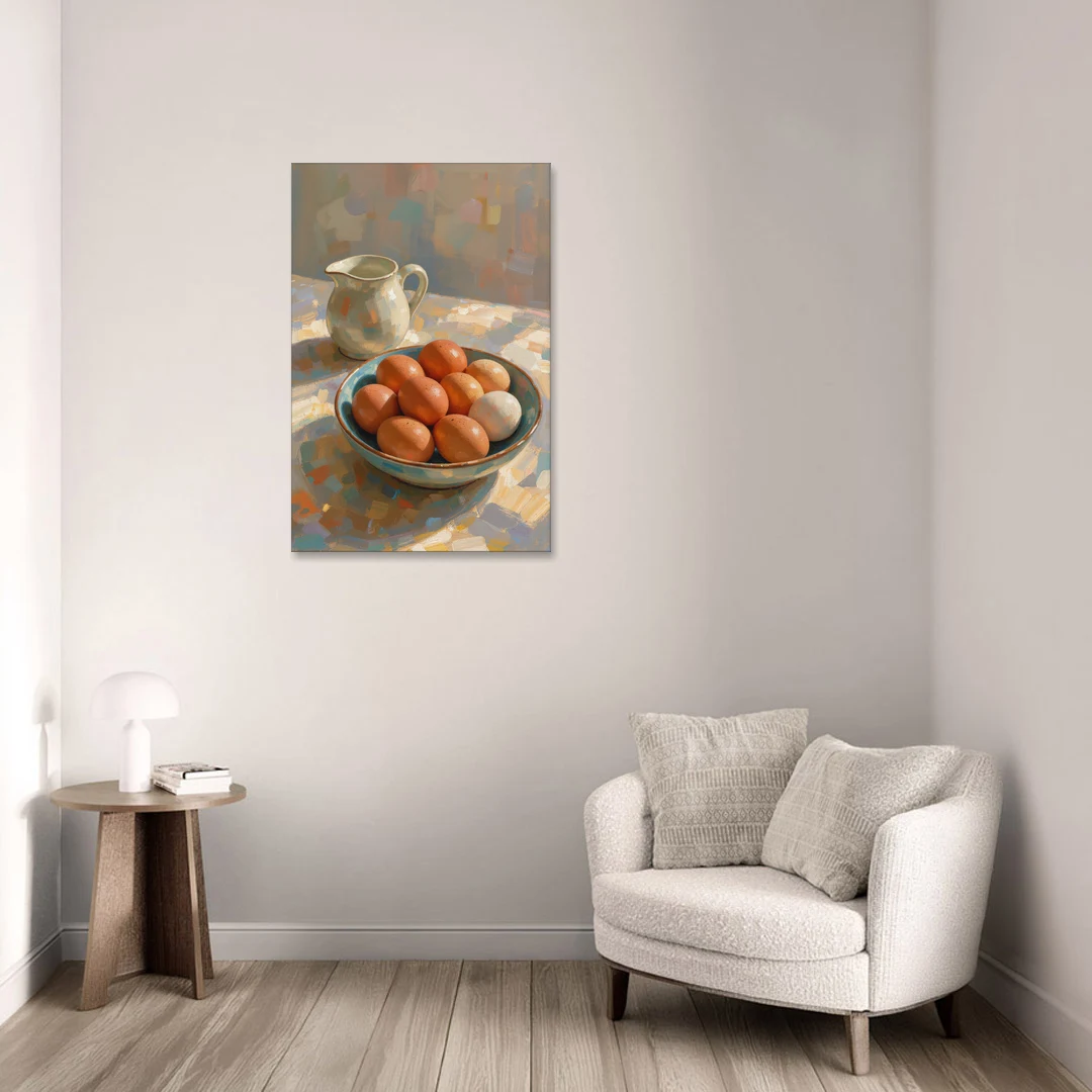 Bowl of Brown Eggs and Milk Jug for Breakfast Nooks - Canvas Wall Art - Sofa - 24x36