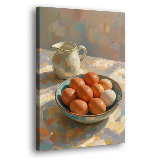 Bowl of Brown Eggs and Milk Jug for Breakfast Nooks - Canvas Wall Art - Side