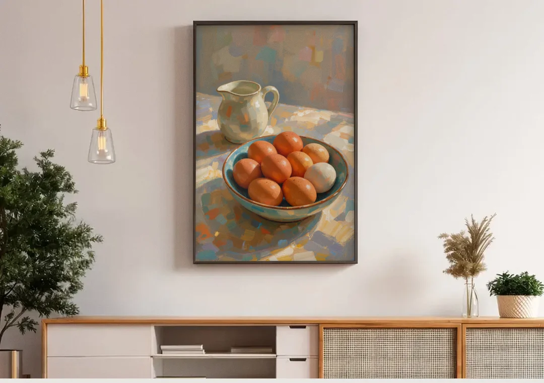 Bowl of Brown Eggs and Milk Jug for Breakfast Nooks canvas wall art above a wooden sideboard under pendant lights