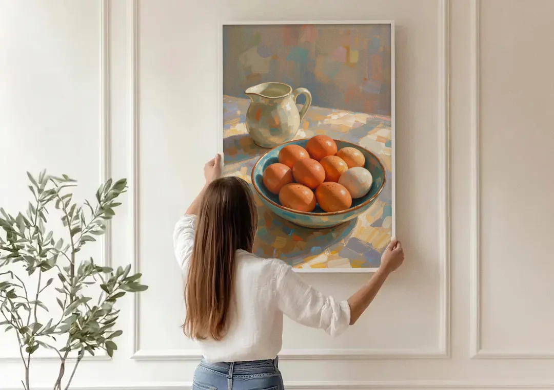 Bowl of Brown Eggs and Milk Jug for Breakfast Nooks canvas wall art being hung on a paneled wall