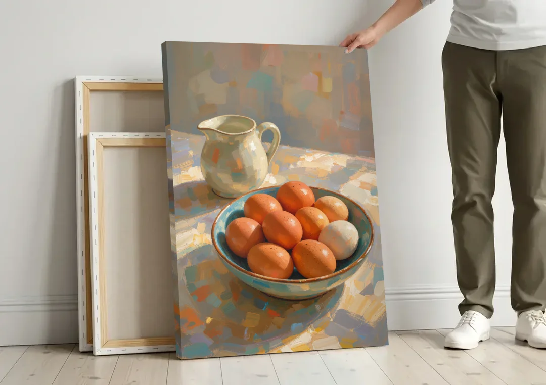 Bowl of Brown Eggs and Milk Jug for Breakfast Nooks canvas wall art leaning against a wall next to blank canvases