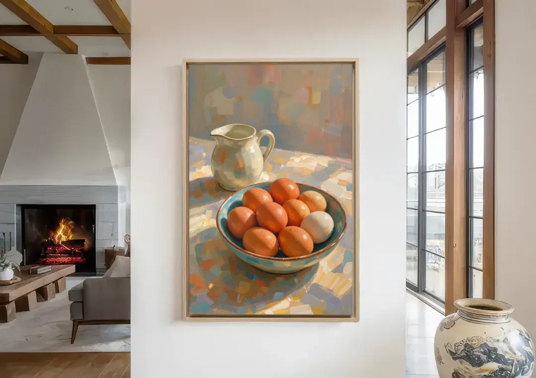 Bowl of Brown Eggs and Milk Jug for Breakfast Nooks canvas wall art in a living room with a fireplace