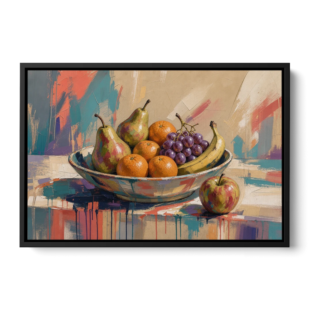 Bowl of Fruit Painting with Runaway Apple - Black Framed Canvas Wall Art - Front