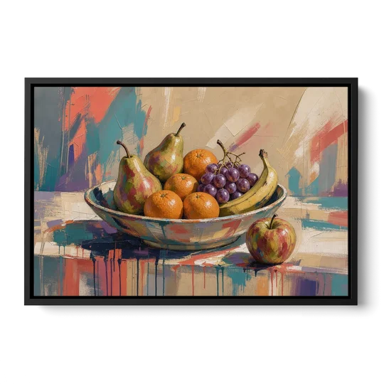 Bowl of Fruit Painting with Runaway Apple - Black Framed Canvas Wall Art - Front