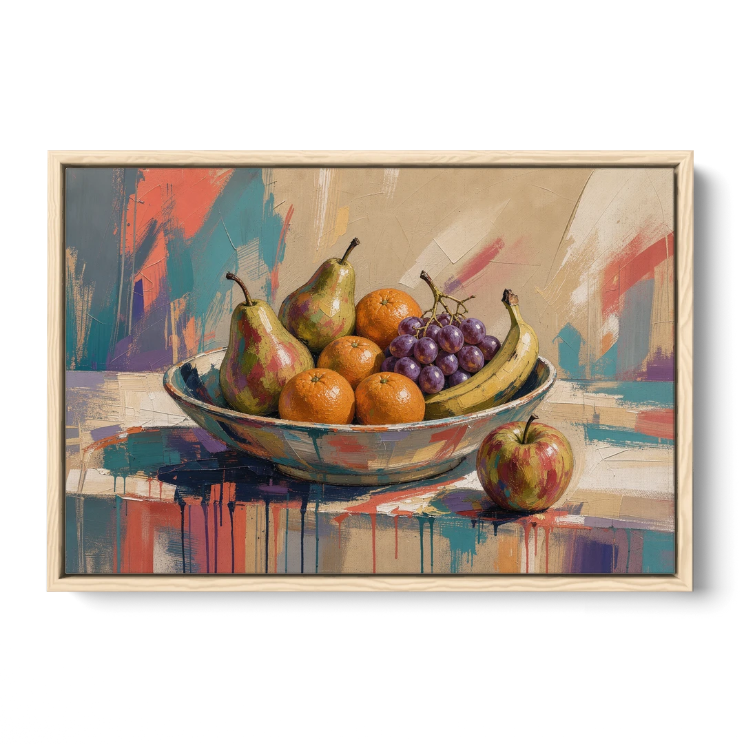 Bowl of Fruit Painting with Runaway Apple - Oak Framed Canvas Wall Art - Front