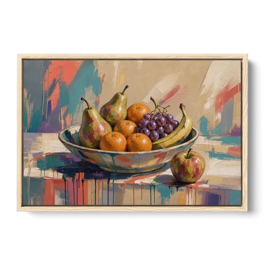 Bowl of Fruit Painting with Runaway Apple - Oak Framed Canvas Wall Art - Front