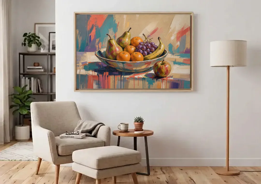 Bowl of Fruit Painting with Runaway Apple canvas wall art above an armchair in a bright living room