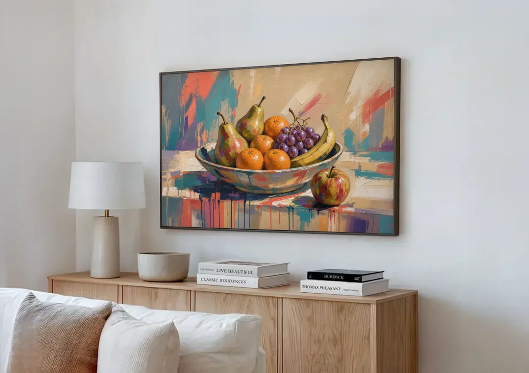 Bowl of Fruit Painting with Runaway Apple canvas wall art above a wooden sideboard next to a sofa