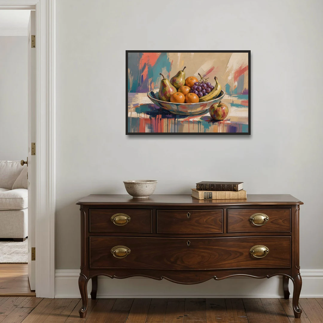 Bowl of Fruit Painting with Runaway Apple - Black Framed Canvas Wall Art - Coffee Table - 36x24