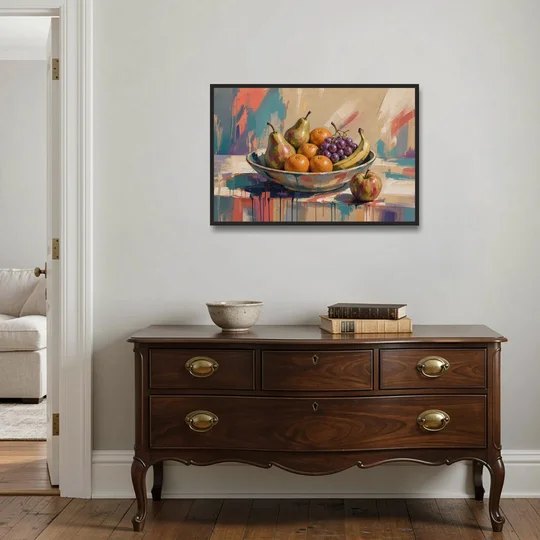 Bowl of Fruit Painting with Runaway Apple - Black Framed Canvas Wall Art - Coffee Table - 36x24