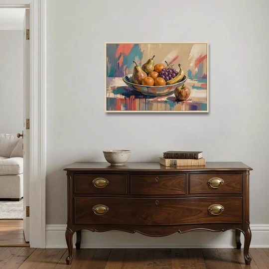 Bowl of Fruit Painting with Runaway Apple - Oak Framed Canvas Wall Art - Coffee Table - 36x24