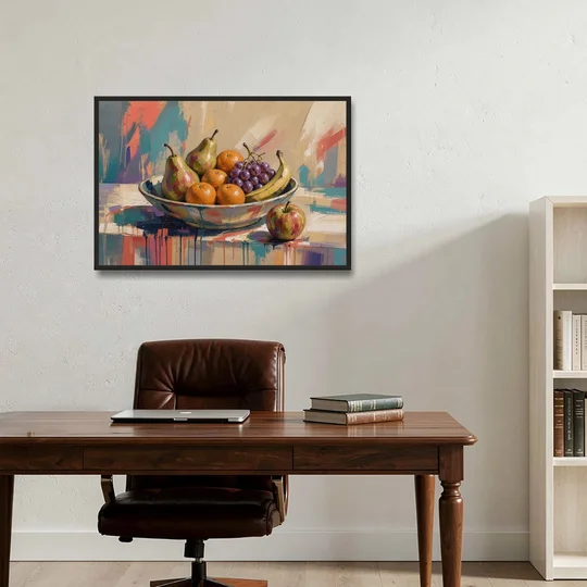 Bowl of Fruit Painting with Runaway Apple - Black Framed Canvas Wall Art - Office - 36x24