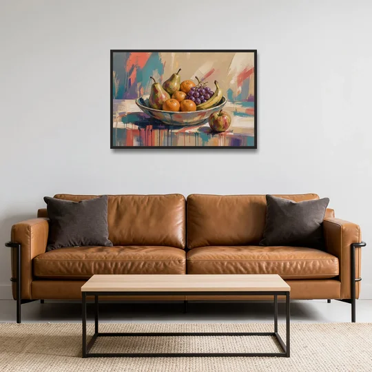 Bowl of Fruit Painting with Runaway Apple - Black Framed Canvas Wall Art - Sofa - 36x24