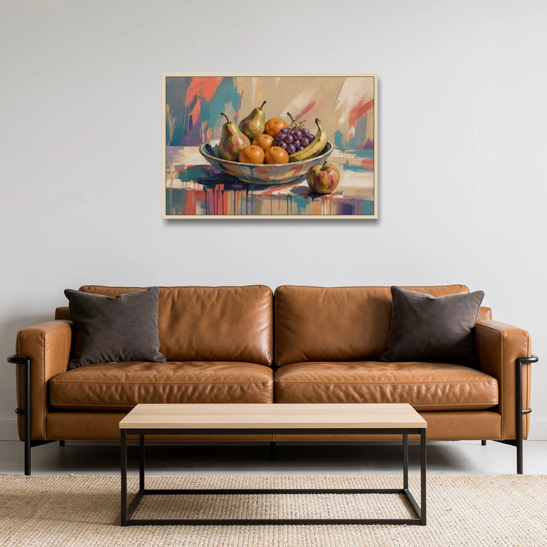 Bowl of Fruit Painting with Runaway Apple - Oak Framed Canvas Wall Art - Sofa - 36x24