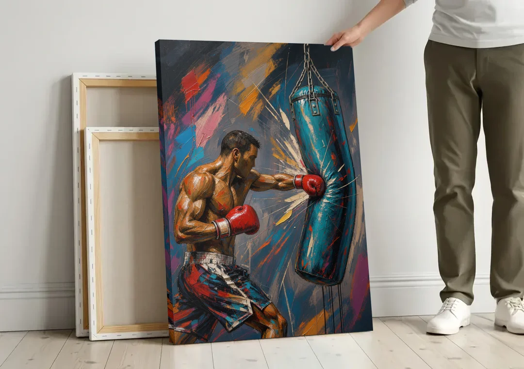 Boxing Wall Art Straight Right Into the Heavy Bag canvas wall art leaning against a wall next to blank canvases