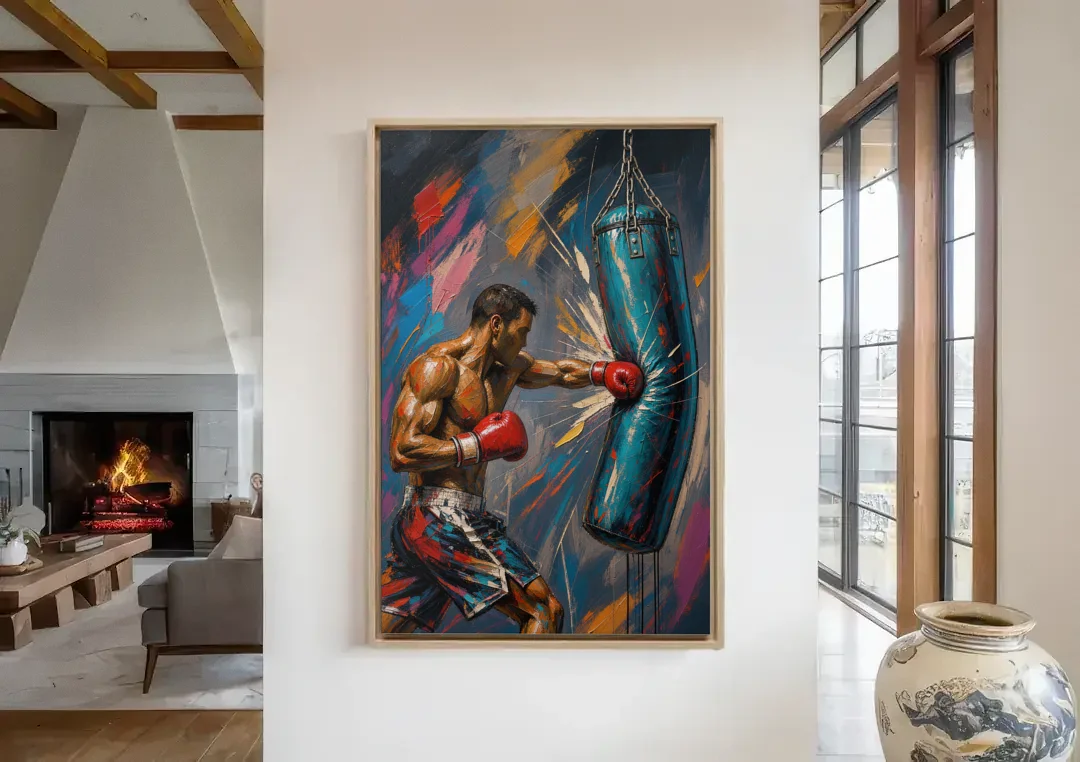 Boxing Wall Art Straight Right Into the Heavy Bag canvas wall art in a living room with a fireplace