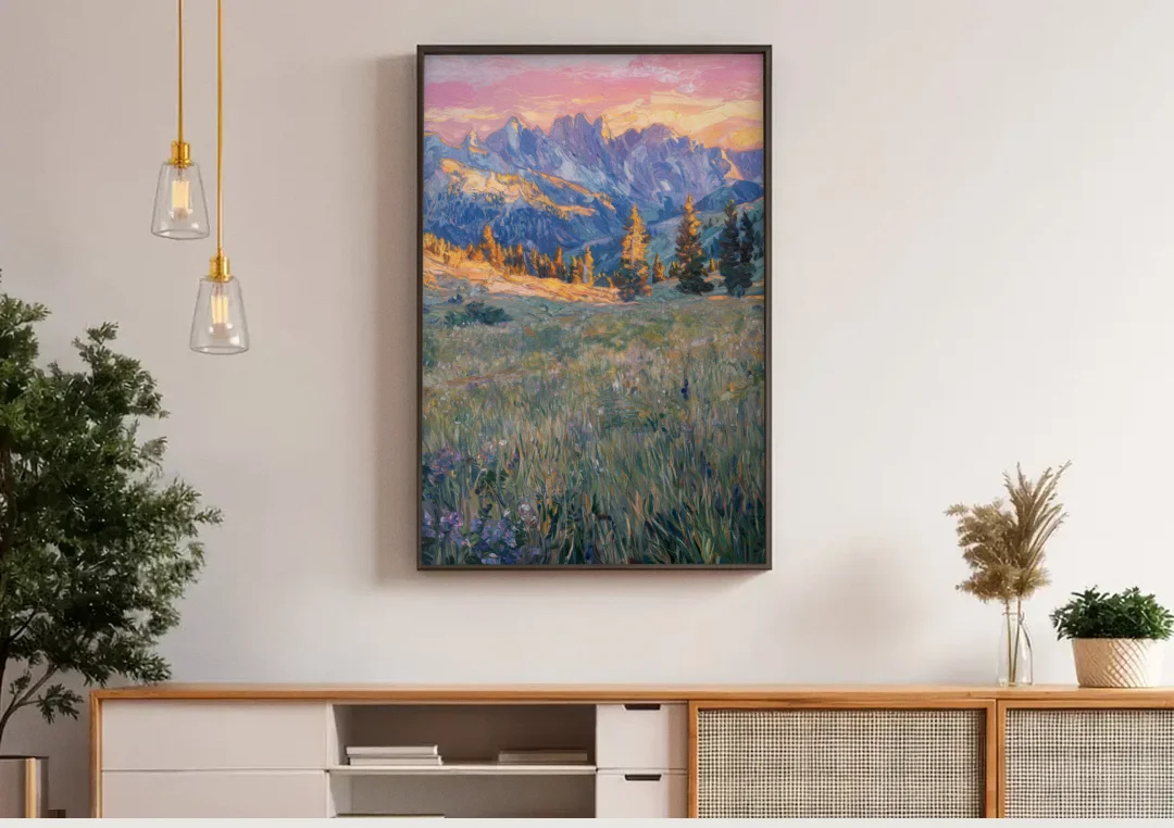 Bozeman Bridger Range canvas wall art above a wooden sideboard under pendant lights