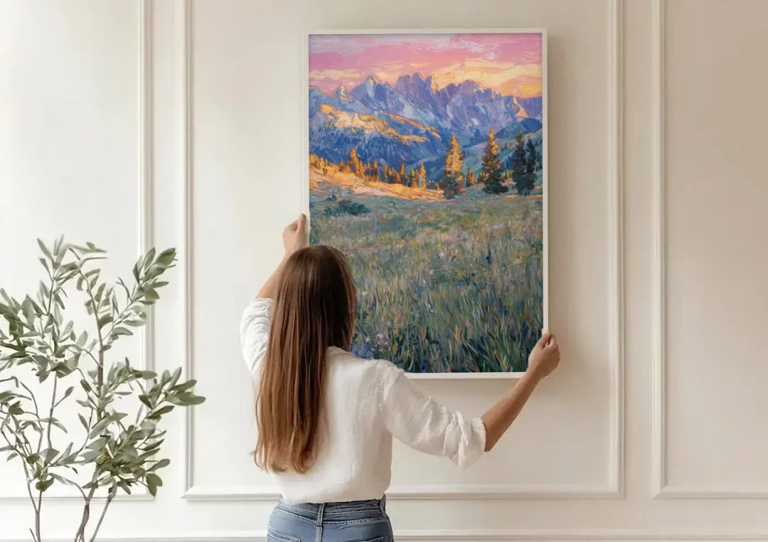Bozeman Bridger Range canvas wall art being hung on a paneled wall