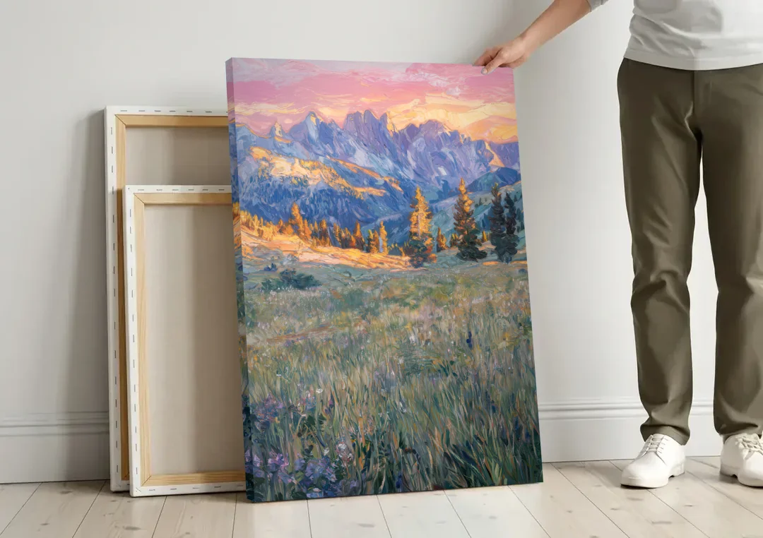 Bozeman Bridger Range canvas wall art leaning against a wall next to blank canvases