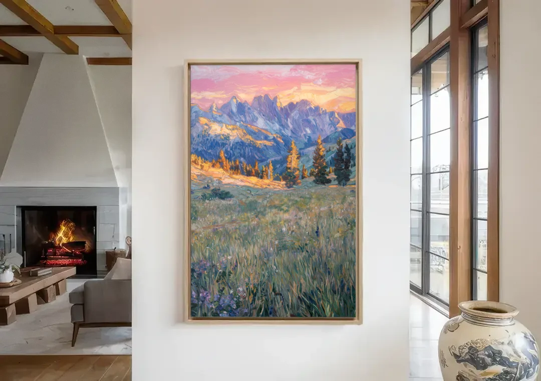 Bozeman Bridger Range canvas wall art in a living room with a fireplace