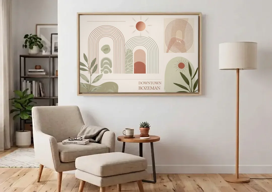 Bozeman Downtown Charm canvas wall art above an armchair in a bright living room