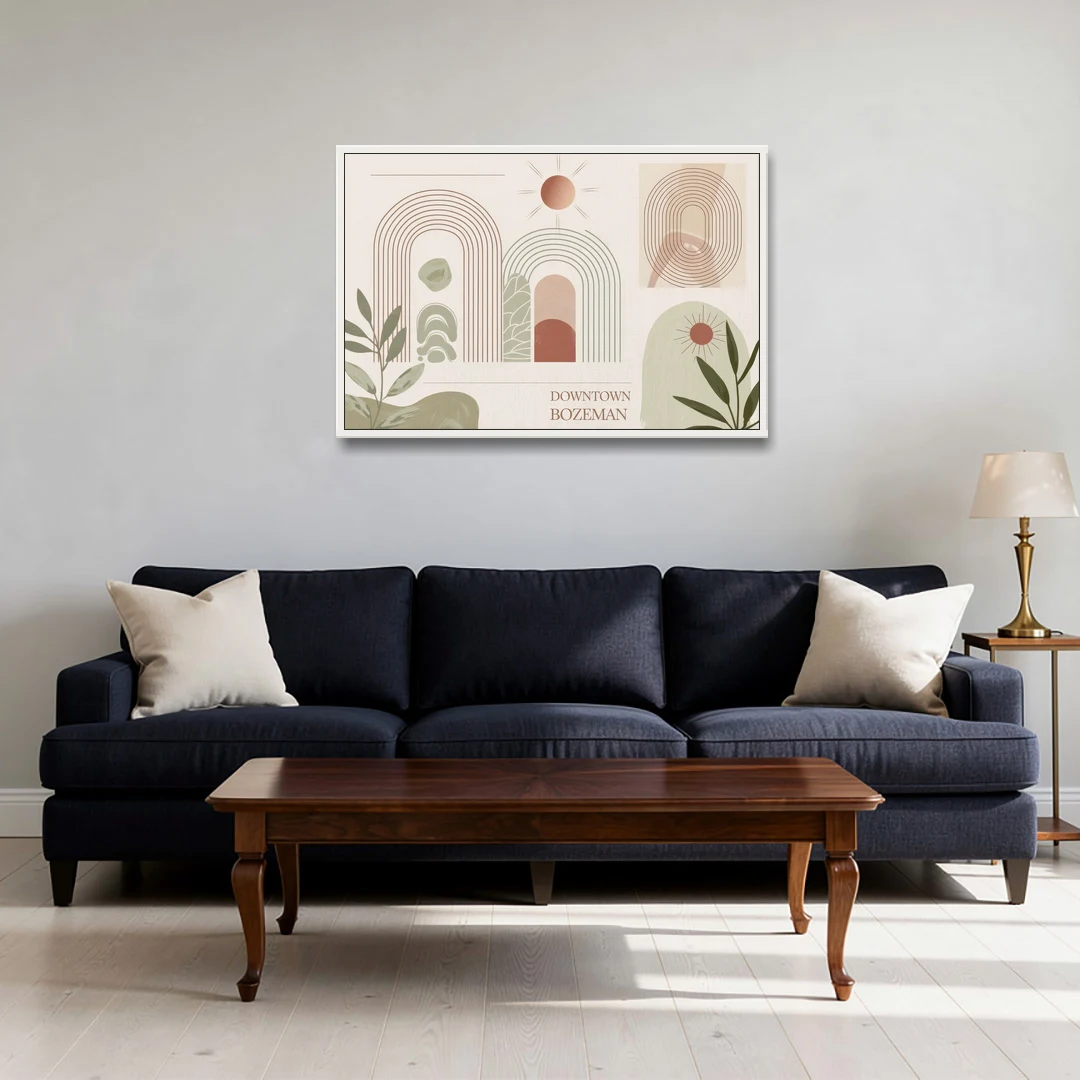 Bozeman Downtown Charm - White Framed Canvas Wall Art - Sofa - 36x24