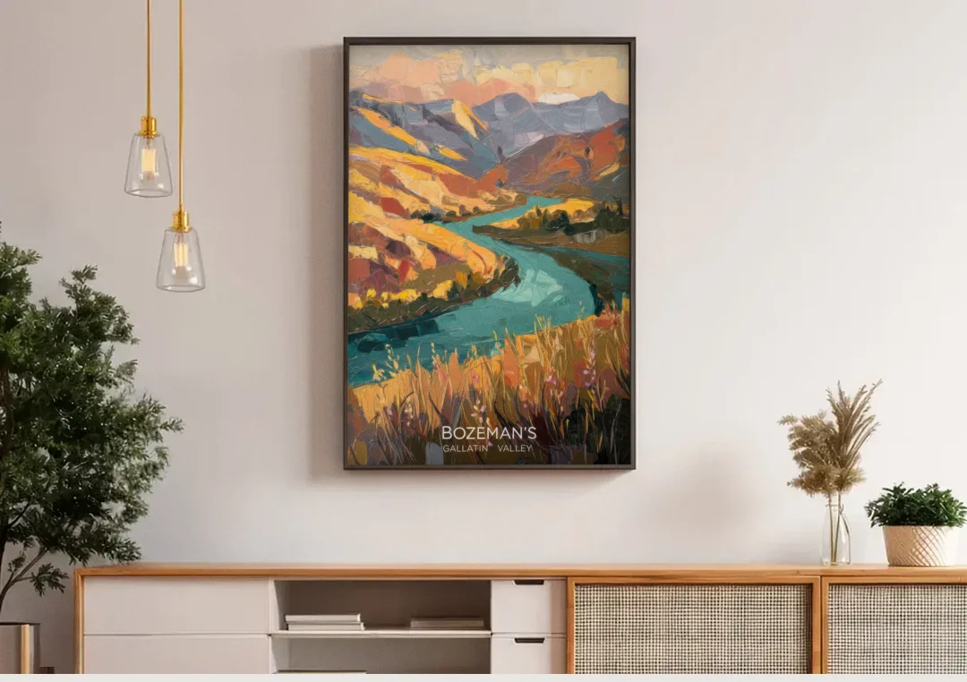 Bozeman Gallatin Valley canvas wall art above a wooden sideboard under pendant lights