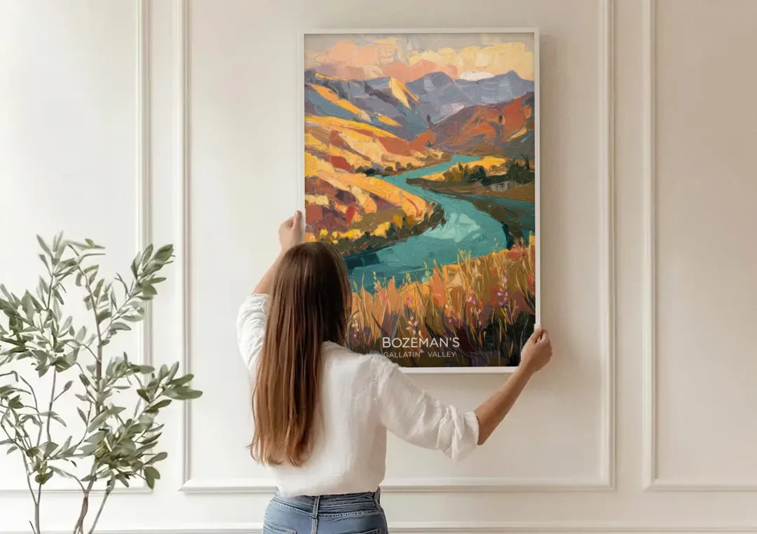 Bozeman Gallatin Valley canvas wall art being hung on a paneled wall