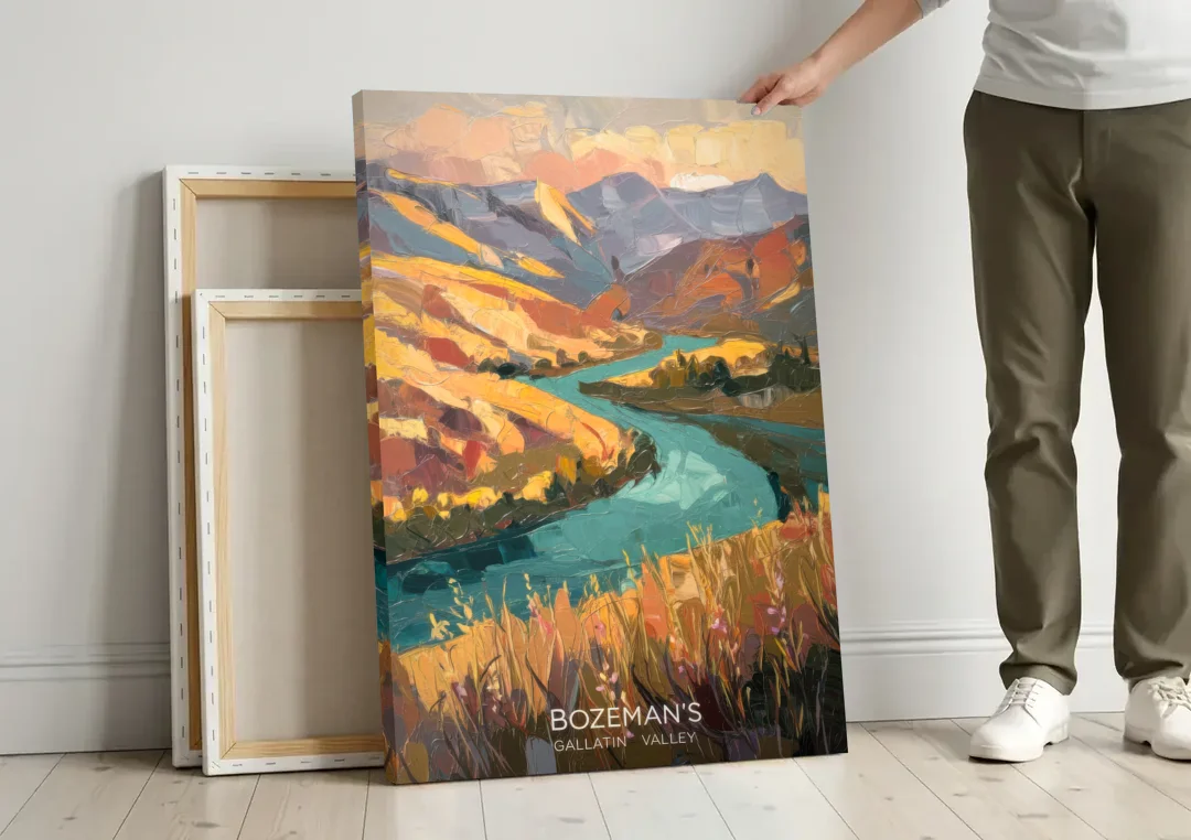 Bozeman Gallatin Valley canvas wall art leaning against a wall next to blank canvases