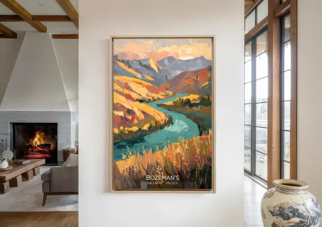 Bozeman Gallatin Valley canvas wall art in a living room with a fireplace