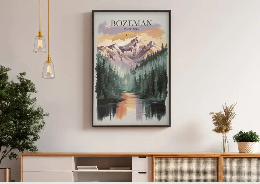 Bozeman Montana Wilderness canvas wall art above a wooden sideboard under pendant lights