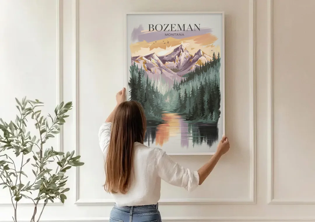 Bozeman Montana Wilderness canvas wall art being hung on a paneled wall