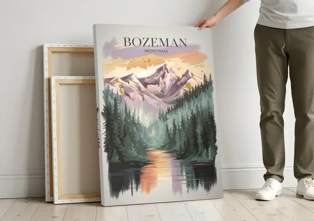 Bozeman Montana Wilderness canvas wall art leaning against a wall next to blank canvases
