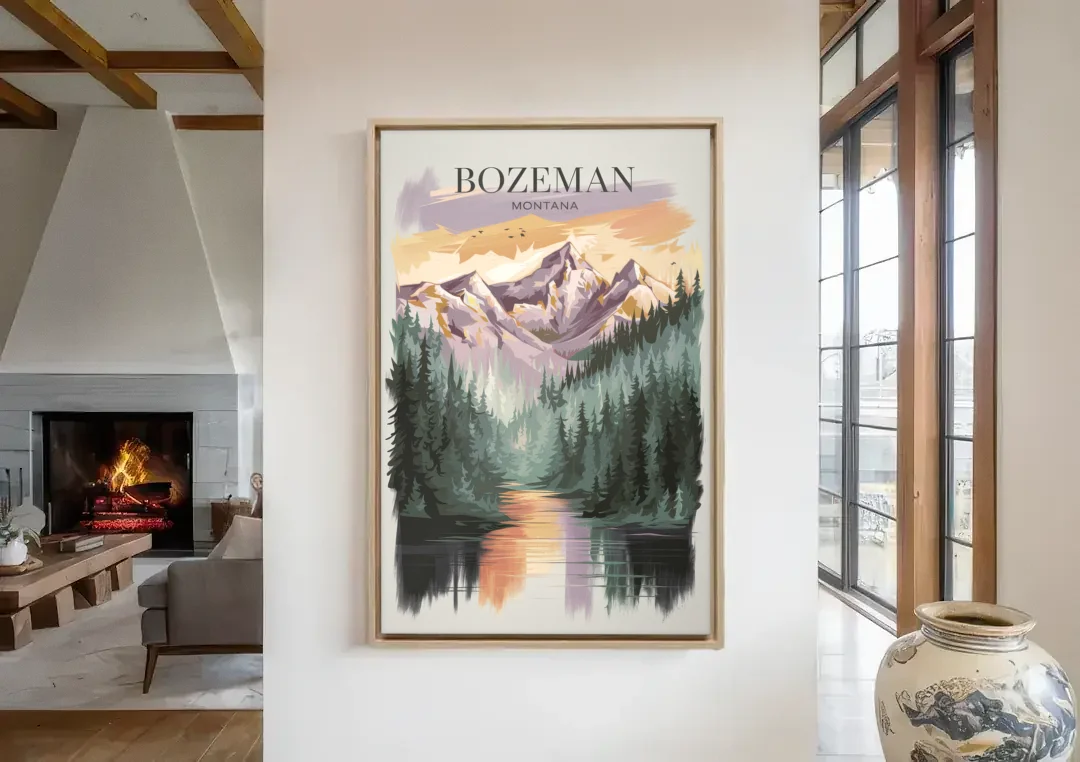 Bozeman Montana Wilderness canvas wall art in a living room with a fireplace