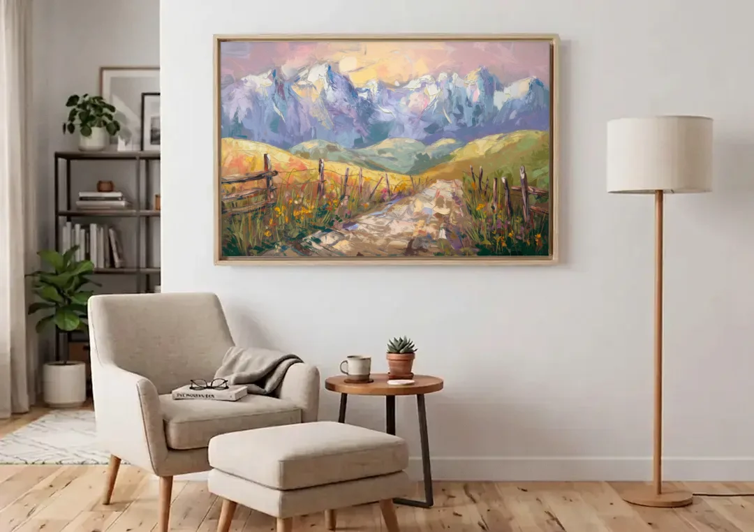 Bozeman Mountain Views canvas wall art above an armchair in a bright living room