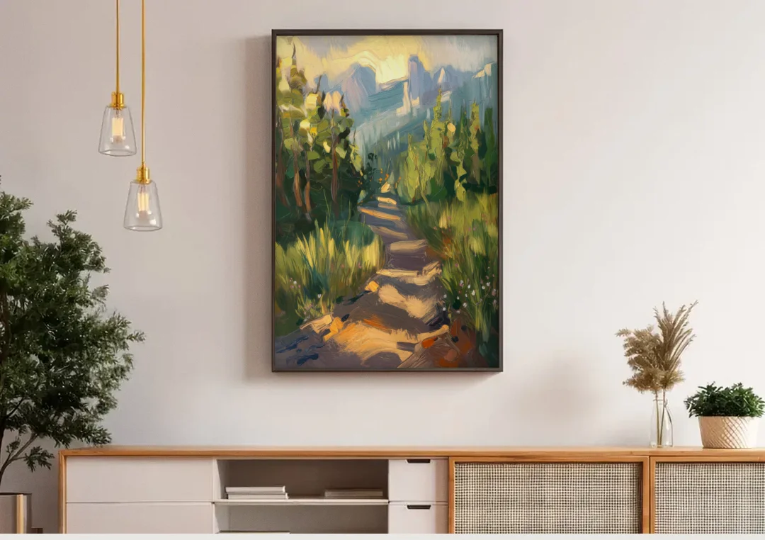 Bozeman Nature Trails canvas wall art above a wooden sideboard under pendant lights