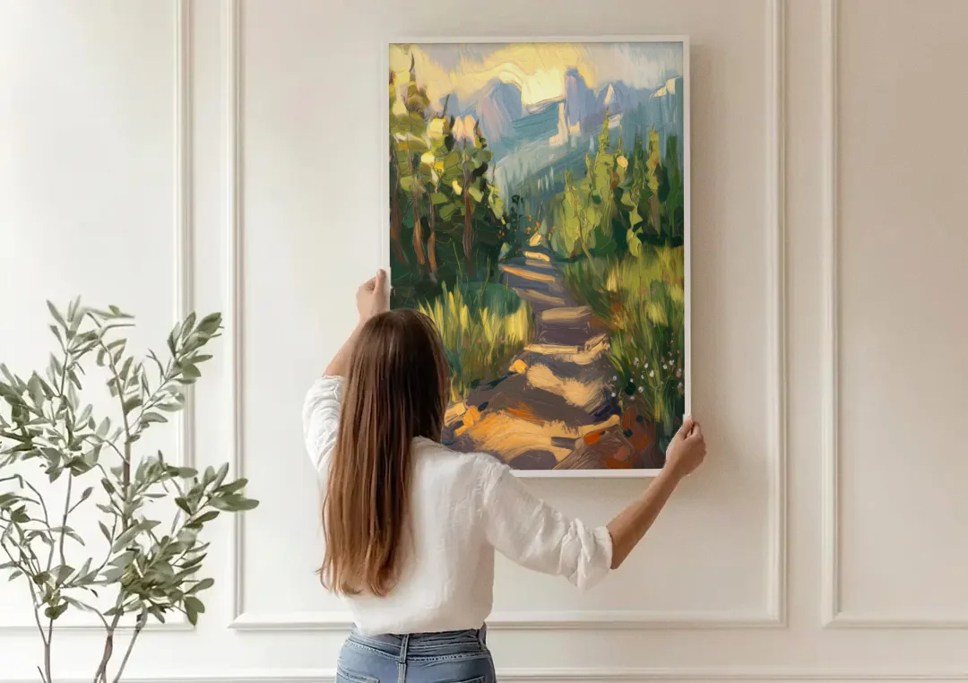 Bozeman Nature Trails canvas wall art being hung on a paneled wall