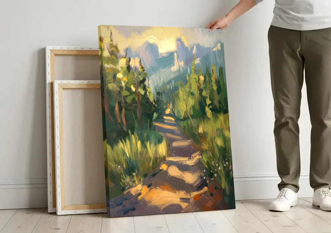 Bozeman Nature Trails canvas wall art leaning against a wall next to blank canvases