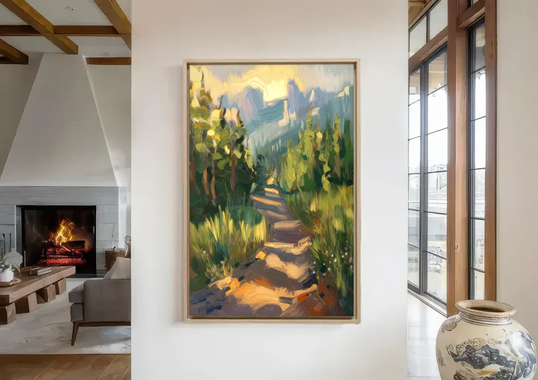 Bozeman Nature Trails canvas wall art in a living room with a fireplace