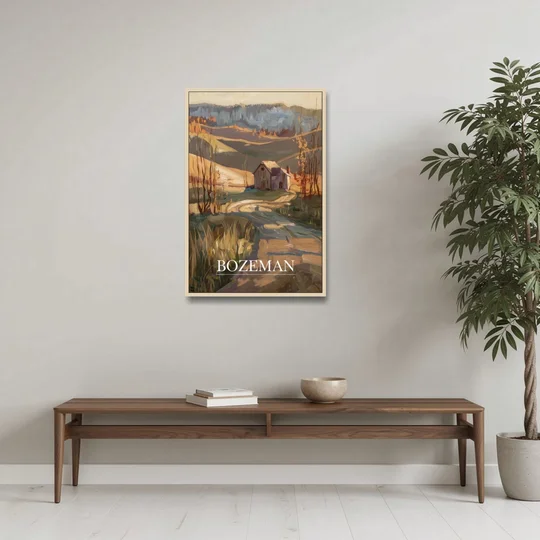 Bozeman Rustic Landscape - Oak Framed Canvas Wall Art - Coffee Table - 24x36
