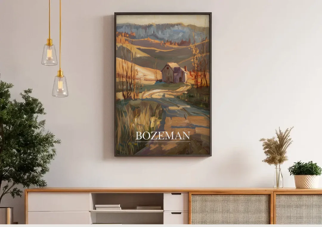 Bozeman Rustic Landscape canvas wall art above a wooden sideboard under pendant lights