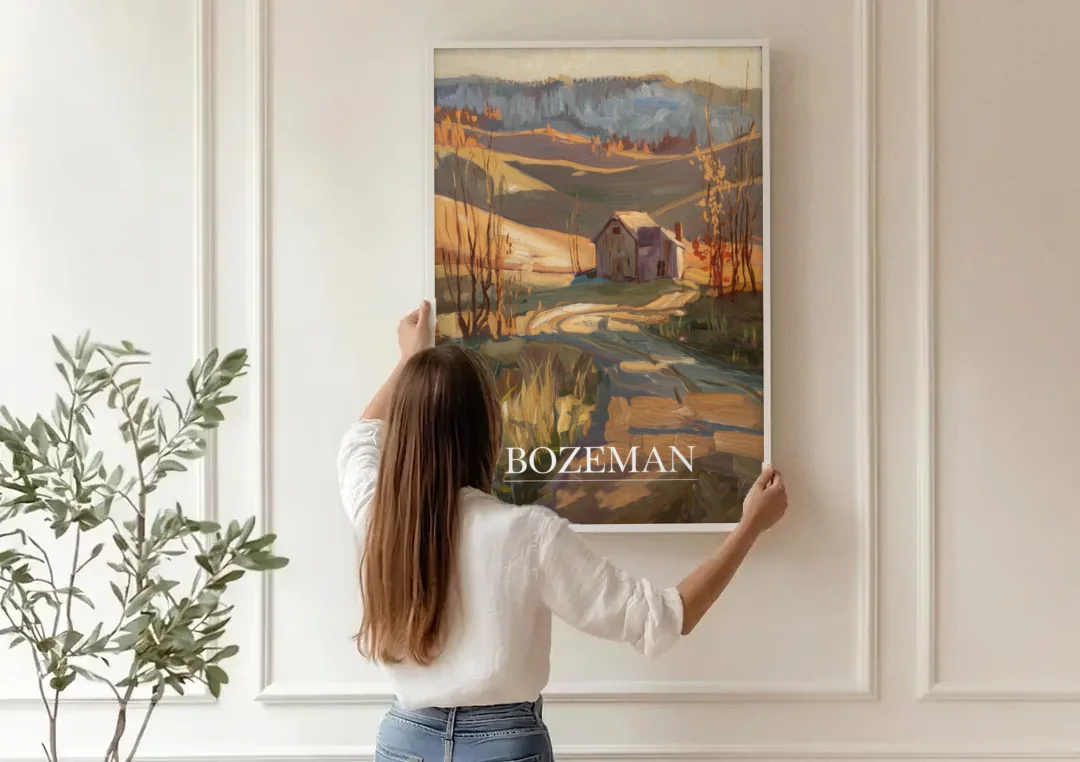 Bozeman Rustic Landscape canvas wall art being hung on a paneled wall