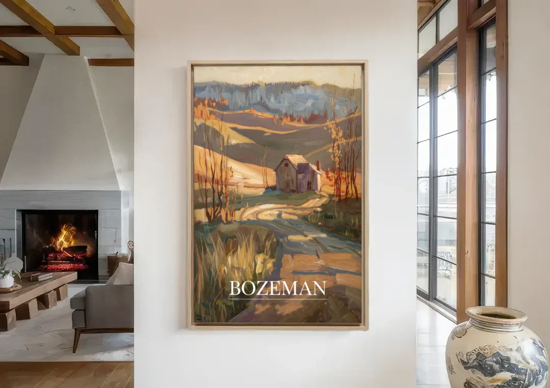 Bozeman Rustic Landscape canvas wall art in a living room with a fireplace