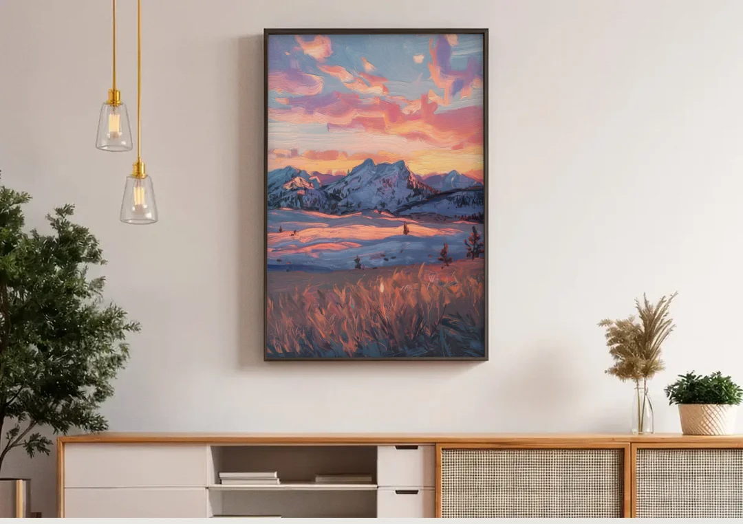 Bozeman Sunset Horizon canvas wall art above a wooden sideboard under pendant lights