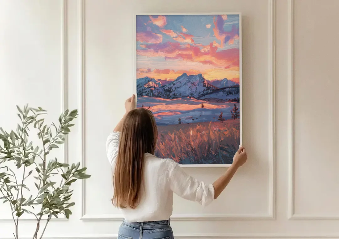 Bozeman Sunset Horizon canvas wall art being hung on a paneled wall